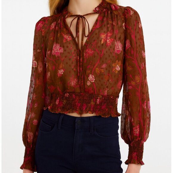 Joie | Floral Print Smocked Hem Western Blouse in Brown & Pink | Size Small - Picture 1 of 11